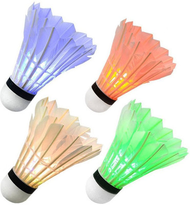 

QUINERGYS ® NiteFlite Light-Up Badminton Birdies Sports, Feather Shuttlecocks for Day or Night Use, for Backyard, Park, Beach or Camping Feather Shuttle - White(Medium slow, 76, Pack of 4)