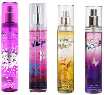 

layerr WOTTAGIRL AMBER KISS DEODORANT 135 ML+WOTTAGIRL FRESH CITRUS DEODORANT 135 ML+WOTTAGIRL PINK ANGEL DEODORANT 135 ML+ WOTTAGIRL HEAVEN DEODORANT 135 ML Deodorant Spray - For Men & Women(135 ml, Pack of 4)