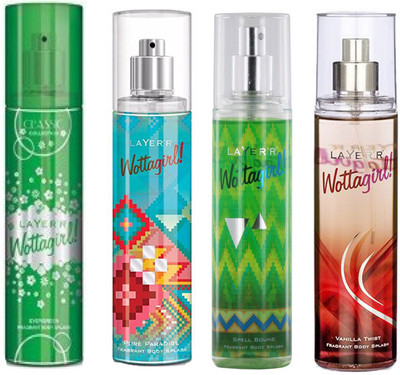 

LAYERR WOTTAGIRL VANILLA TWIST DEODORANT 135 ML+WOTTAGIRL SPELL BOUND DEODORANT 135 ML+WOTTAGIRL PURE PARADISE DEODORANT 135 ML+WOTTAGIRL EVERGREEN DEODORANT 135 ML Deodorant Spray - For Men & Women(135 ml, Pack of 4)