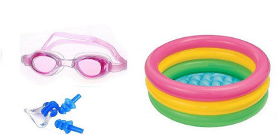 PEANA PINK COLOR GOGGLES, EAR & NOSE PLUG, 3 FEET MULTICOLOR TUB Swimming Kit