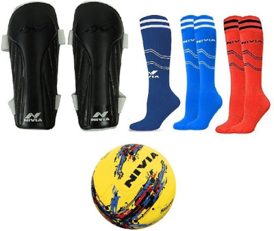 

Nivia 'Vortex' shin guard (Size-Medium) + 3 Pair of Football Stockings and 1 'Storm' Football (Color On Availability)- Football Kit