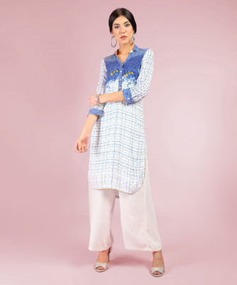 BIBA Women Printed Straight Kurta(White, Blue)