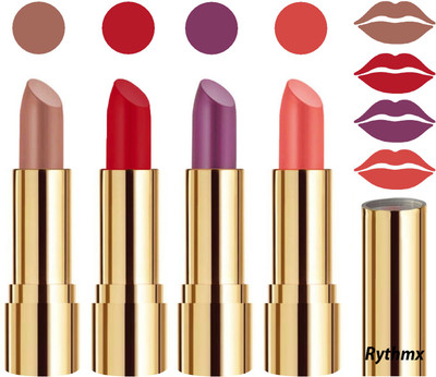 

Rythmx Professional Timeless 4 Colors Collection Velvet Touch Matte Lipstick Long Stay on Lips(Peaches Nude, Blood Red, Light Purple, Peach, 16 g)