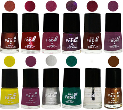 

Fabia Premium Lacquer Extra Shine Nail Polish Shades Of (12 Pcs Nail Polish) Berry-Dark Magenta-Rose Pink-Dark Purple-Royal Red-Brinjal Purple-Yellow-Light purple-Silver-Green-Top Coat-Dark Golden(Pack of 12)