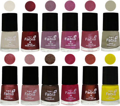 

Fabia Premium Shine & Glossy Nail Polish Collection Shades (12 Pcs Combo) Light Cream-Maroon-Light Violet-Rani-Pink Maroonish-Oyster-Nude Pink-Light pink-Dark Brown-Cherry Pink-Berry-Yellow(Pack of 12)