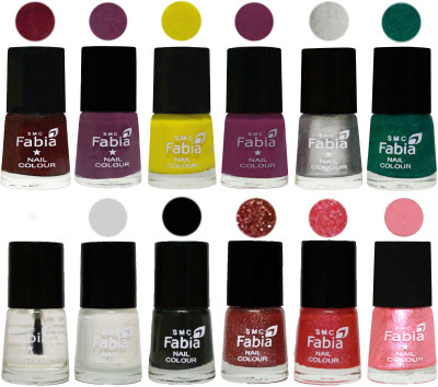 

Fabia Premium Lacquer Extra Shine Nail Polish Shades Of (12 Pcs Nail Polish) Royal Red-Brinjal Purple-Yellow-Light purple-Silver-Green-Top Coat-White-Black-Jerry Wine-Jerry Pink-Jerry Peach(Pack of 12)
