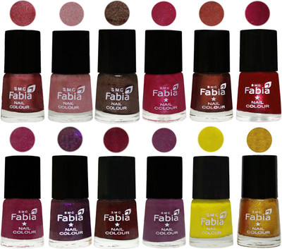 

Fabia Premium Shine & Glossy Nail Polish Collection Shades (12 Pcs Combo) Nude Pink-Light pink-Dark Brown-Cherry Pink-Berry-Dark Magenta-Rose Pink-Dark Purple-Royal Red-Brinjal Purple-Yellow-Jerry Golden(Pack of 12)