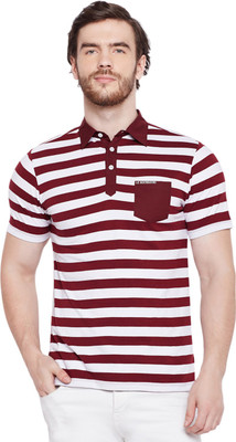 Le Bourgeois Striped Men Polo Neck White, Maroon T-Shirt