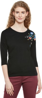 HYPERNATION Embroidered Women Round Neck Black T-Shirt