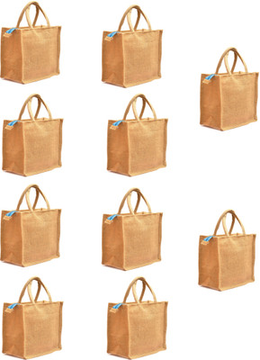 

AGGDA Plain Natural Jute Burlap Lunch tiffin Outdoor handbag Bag working office bag (10 Piece Combo) Waterproof Lunch Bag(Brown, 12 L)
