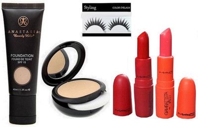 

styling Eyelashes ,Anastasia Beverly Vills Foundation Fond De Teint SPF 15 ,Giambattista Valli Matte Finish lipstick set of 2 , Mac Studio Fix Powder Plus Compact(Set of 5)