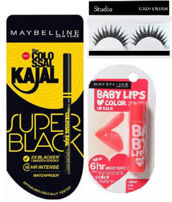 

studio Eyelashes& Colossal Super Black Kajal& Cherry Kiss Baby Lipbalm(Set of 3)