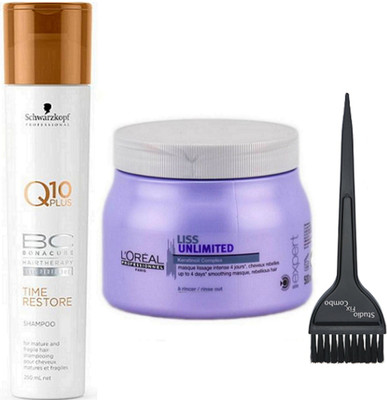 

Studio Fix Combo Hair Brush & Schwarzkopf BC Bona Cure Time Restore Q10 Plus Shampoo With Liss Unlimited Spa(Set of 3)