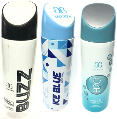 

Arochem Buzz , Ice Blue & H2o Deodorant Spray - For Men(600 ml, Pack of 3)