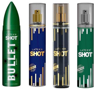 

LAYERR SHOT ROYAL JADE DEODORANT 135 ML+SHOT ICONIC DEODORANT 135 ML+SHOT PASSION DEODORANT 135 ML +SHOT BULLET BURST DEODORANT 135 ML Deodorant Spray - For Men & Women(135 ml, Pack of 4)