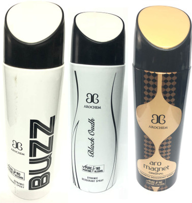 

Arochem Buzz , Black Oudh & Magnet Deodorant Spray - For Men(600 ml, Pack of 3)
