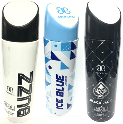 

Arochem Buzz , Ice Blue & Black Jack Deodorant Spray - For Men(600 ml, Pack of 3)