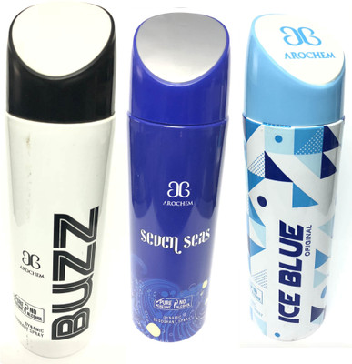 

Arochem Buzz , Seven Seas & Ice Blue Deodorant Spray - For Men(600 ml, Pack of 3)