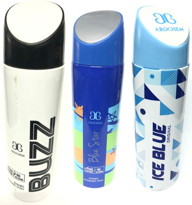 

Arochem Buzz , Blue Star & Ice Blue Deodorant Spray - For Men(600 ml, Pack of 3)
