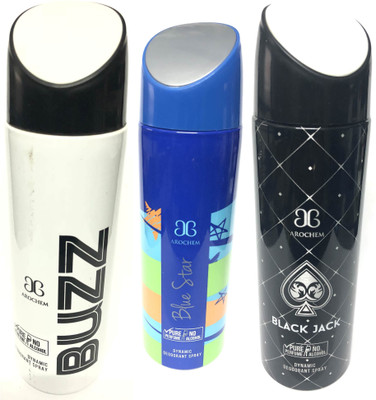 

Arochem Buzz , Blue Star & Black Jack Deodorant Spray - For Men(600 ml, Pack of 3)