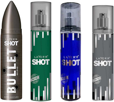 LAYERR SHOT DEEP DESIRE DEODORANT 135 ML+SHOT POWER PLAY DEODORANT 135 ML+SHOT ROYAL JADE DEODORANT 135 ML +SHOT BULLET RELOAD DEODORANT 135 ML Deodorant Spray - For Men & Women(135 ml, Pack of 4)