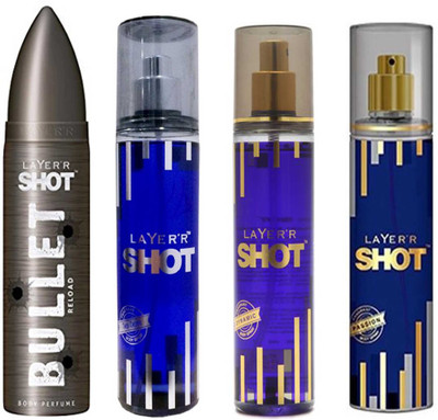 

LAYERR SHOT PASSION DEODORANT 135 ML+SHOT DYNAMIC DEODORANT 135 ML+SHOT DEEP DESIRE DEODORANT 135 ML + SHOT BULLET RELOAD DEODORANT 135 ML Deodorant Spray - For Men & Women(135 ml, Pack of 4)