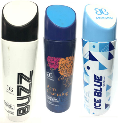 

Arochem Buzz , Charming & Ice Blue Deodorant Spray - For Men(600 ml, Pack of 3)