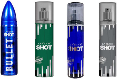 

LAYERR SHOT DEEP DESIRE DEODORANT 135 ML+SHOT POWER PLAY DEODORANT 135 ML+SHOT ROYAL JADE DEODORANT 135 ML +SHOT BULLET BANG DEODORANT 135 ML Deodorant Spray - For Men & Women(135 ml, Pack of 4)