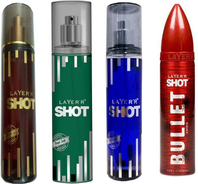 

LAYERR SHOT DEEP DESIRE DEODORANT 135 ML+SHOT ROYAL JADE DEODORANT 135 ML+SHOT IMPERIAL DEODORANT 135 ML +SHOT BULLET AMMO DEODORANT 135 ML Deodorant Spray - For Men & Women(135 ml, Pack of 4)