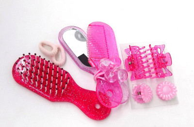 

BOXO Hair Styling Tools Set, Hair Accessories (Hair Brush, Comb, Mirror, Bands, Clips), Pink, 80 Gram, 11 Pcs Hair Accessory Set(Pink)