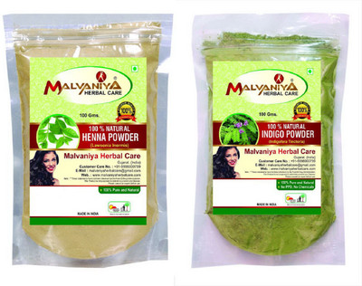

Malvaniya Herbal Care Natural Henna Leaves (LAWSONIA INERMIS) Indigo Leaves (INDIGOFERA TINCTORIA) Powder (PACK OF 2) (200 g) Hair Color(Green)