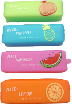 

Shopkooky Fruit silicon pouches Slim Pouches Bright Color Pen Pencil Pouch Case Best for Birthday Gift / Return Gift - Pack of 4 Art Artificial Leather Pencil Boxes(Set of 4, Multicolor)
