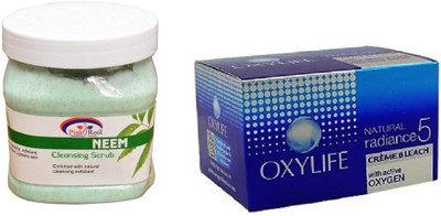 Pink Root Neem Scrub 500ml, Oxylife Crème Bleach Natural radiance5 27g(Set of 2)