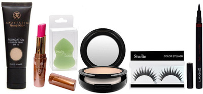 

studio Of Eyelashes, Sponge Puff, Anastasia Beverly Hills Liquid Foundation SPF 15 With S.Fix Compact & Lakme 9 TO 5 Creaseless Long Lasting Lipstick With Pen Eyeliner(Set of 6)