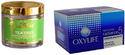 

Pink Root Tea Tree Skin Clearing Clay Mask 100gm, Oxylife Crème Bleach Natural radiance5 27g(Set of 2)