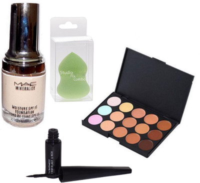 

Studio Fix Combo Sponge Blender Puff& MAC Mineralize Foundation & 15 Shades Concealer Palette& Liquid Last Eyeliner(Set of 4)