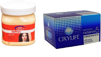 

Pink Root Saffron Scrub 500ml, Oxylife Crème Bleach Natural radiance5 27g(Set of 2)