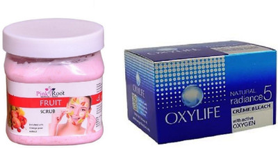 

Pink Root Fruit Scrub 500ml, Oxylife Crème Bleach Natural radiance5 27g(Set of 2)