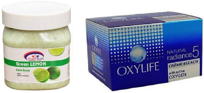 

Pink Root Green Lemon Scrub 500ml, Oxylife Crème Bleach Natural radiance5 27g(Set of 2)