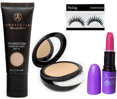 

styling Eyelashes Foundation Fond De Teint SPF 15 , Matte Finish Selena lipstick,Studio Fix Powder Plus Compact(Set of 4)