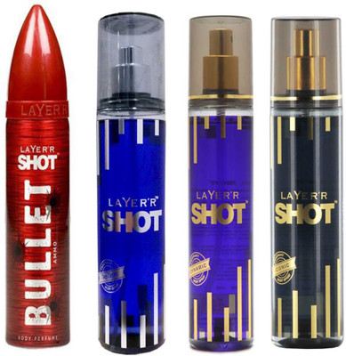 

LAYERR SHOT ICONIC DEODORANT 135 ML+SHOT DYNAMIC DEODORANT 135 ML+SHOT DEEP DESIRE STALLION DEODORANT 135 ML +SHOT BULLET AMMO DEODORANT 135 ML Deodorant Cream - For Men & Women(135 ml, Pack of 4)