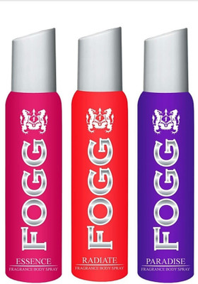 

Fogg deodorant Essence, Radiate, Paradise (450 ml, Pack of 3) Body Spray - For Women(450 ml, Pack of 3)