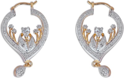 Omkar Jewel Surprising and Most Demanding American Diamond Earrings- Round White American Diamond Stone with Pear hanging bell Ruby Brass Drops & Danglers
