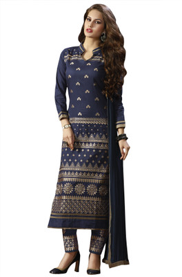 

BanoRani Cotton Embroidered Semi-stitched Salwar Suit Dupatta Material, Blue