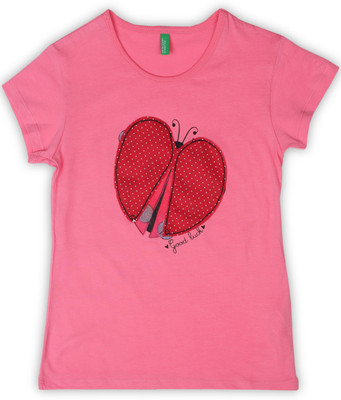 United Colors of Benetton Girls Embroidered Cotton Blend T Shirt(Pink, Pack of 1)