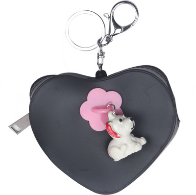 Yellow Bee Heart Shaped Mini Keychain Coin Purse with Dog Coin Purse(Black)