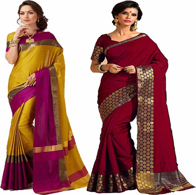 Aaghnya Embellished Bollywood Cotton Silk Saree(Pack of 2, Gold, Maroon)
