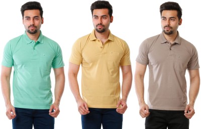 Moudlin Solid Men Polo Neck Green, Brown, Yellow T-Shirt