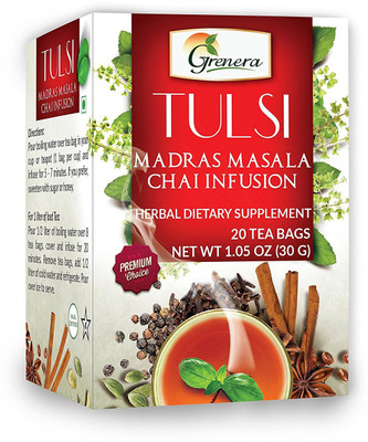 

Grenera Tulsi Madras Masala Tea - 20 Tea Bgas / Box Spices, Tulsi Herbal Tea Bags(20 Bags, Box)