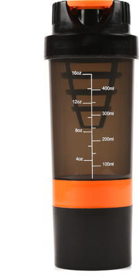 

HAANS Shaker with tab compartment for gym 500 ml Shaker(Pack of 1, Black, Orange)